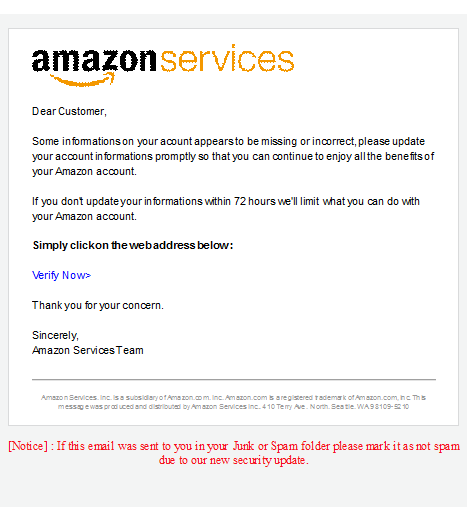 This is an image of a phishing email that is disguised as Amazon services.