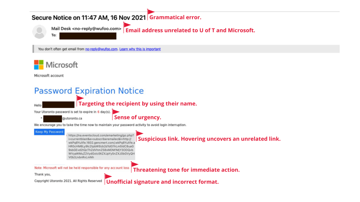 Phishing email mimicking MS Office password expiry notice