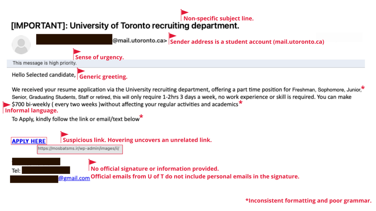 Phishing email impersonating U of T HR department for job scam