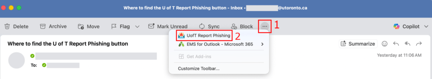 The Report Phishing button in a dropdown menu in the email view pane header.