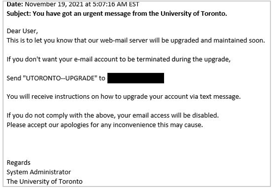 Phishing email impersonating U of T IT administrator
