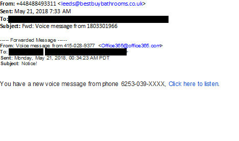 This is an image of a phishing attempt that prompts recipients to check their voice messages, via a malicious link