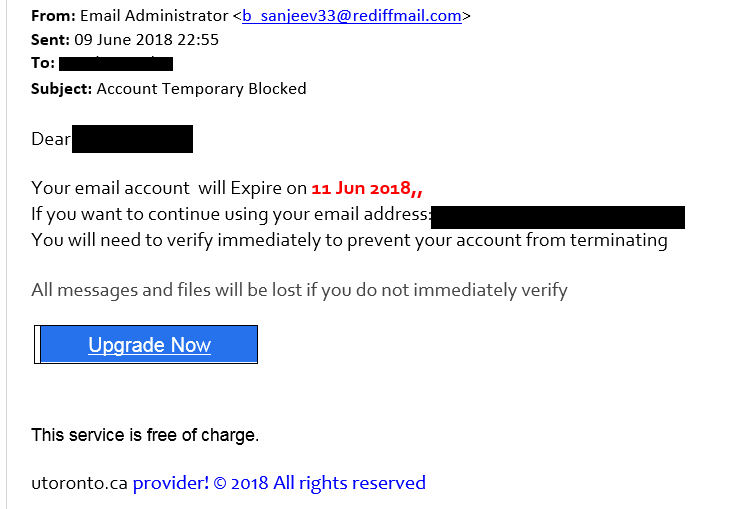 This is an image of a phishing attempt from an imposter web admin that is prompting the recipient to click a link in order to unblock their account.