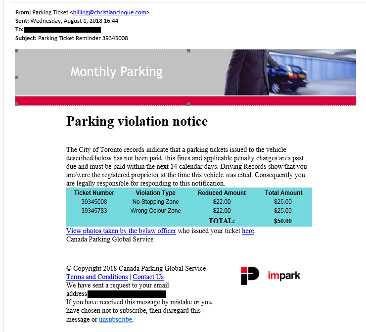 This is an image of a phishing attempt, using a false parking violation notice, as a pretense to get the user to click malicious links and enter their credentials.
