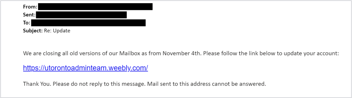 Phishing email about updating mailbox sent to U of T