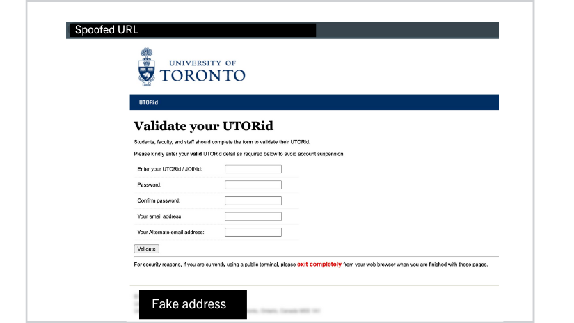 Spoofed UTORid web page