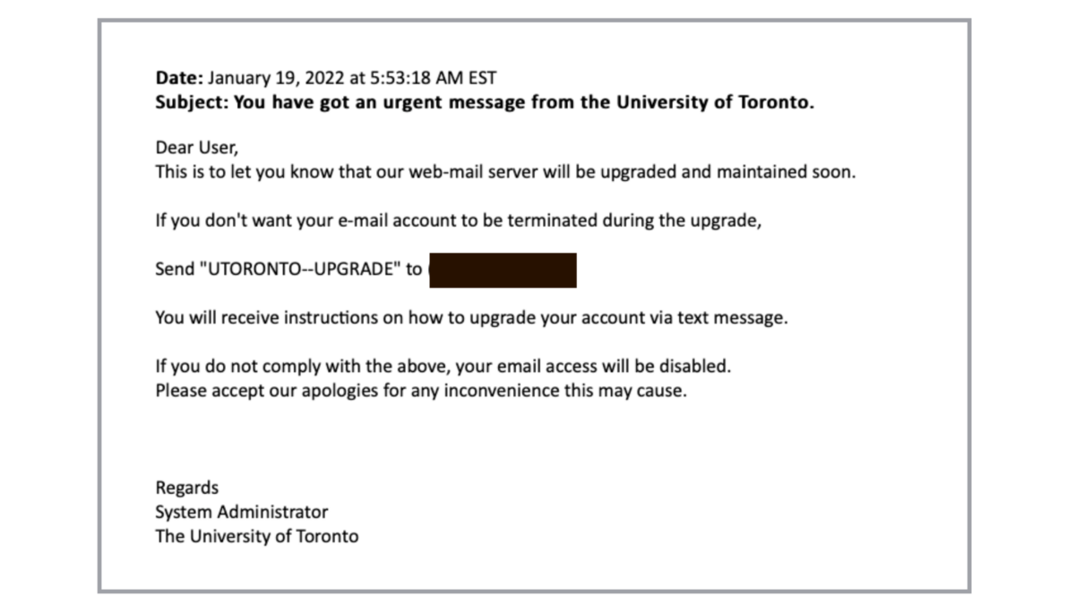 Smishing email received by U of T community