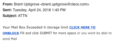 This is an image of a phishing attempt that baits the recipient into clicking a link by telling them that their e-mail storage is full