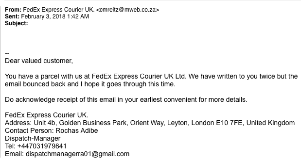 This is an image of a phishing attempt, impersonating FedEx and prompts the recipient to reply