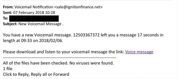 This is an image of a phishing attempt that prompts the user to click a link and check voicemail