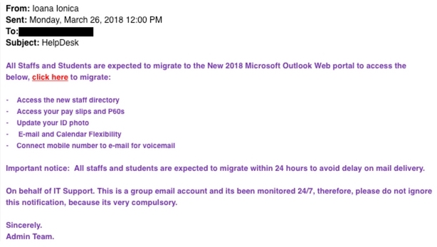 This is an image of a phishing attempt that impersonates the ITS admin staff, which prompts users to click a malicious link, based on current migration events to a new e-mail server.