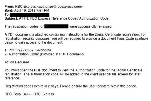 This is an image of a phishing attempt from RBC imposters, requireing the user to open a malicious attachment.