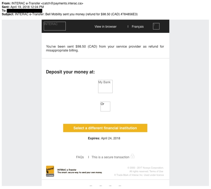 This is an image of a phishing attempt baiting recipient into clicking a malicious link by telling them somebody has sent them money to deposit
