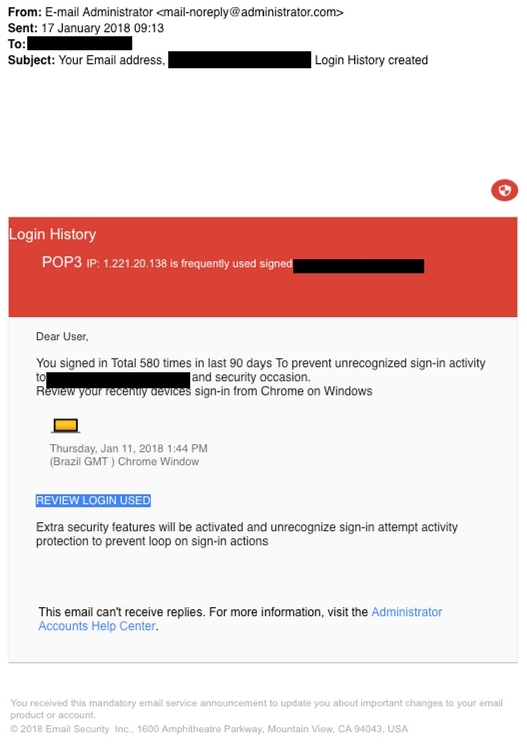This is an image of a phishing attempt that seeks to bait a recipient by urgently requesting they click a link in order to prevent additional excessive logins, making them think it's a password reset while telling them their e-mail has been compromised.