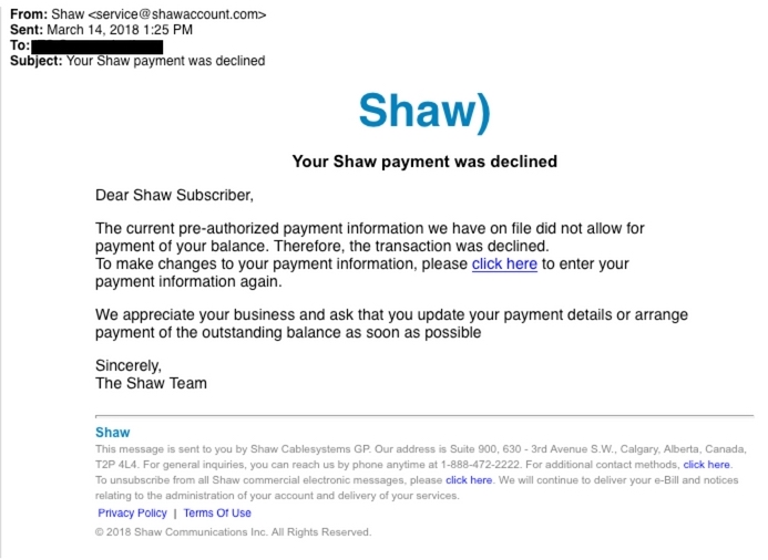 This is an image of a phishing attempt that impersonates Shaw, and tries to have the recipient enter their personal banking information