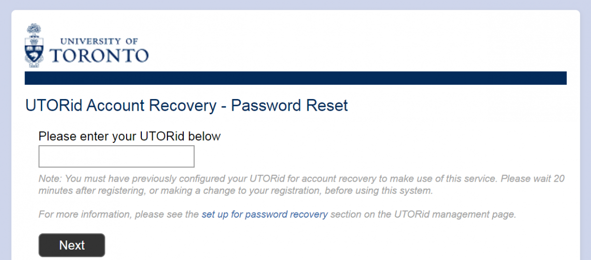 This is an image of the self-service password recovery website for U of T