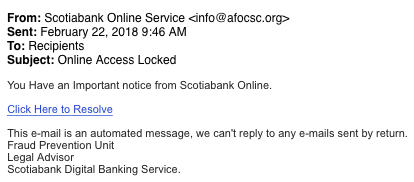 This is an image of a phishing attempt that prompts the user to click a link in order to view an important notice from Scotiabank Online