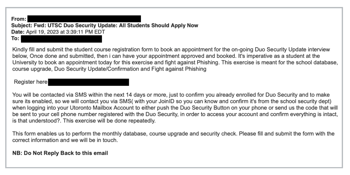 Phishing email asking individuals to click on a malicious link to register for the Duo Security Update interview