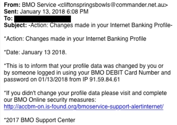 This is an image of a phishing attempt, where the sender impersonates BMO, but does not have a BMO domain name, and prompts the user to click a link by asking them if they have changed their password and profile data