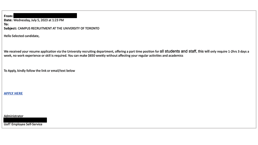 Phishing email about fake job offer sent to students at UTSC