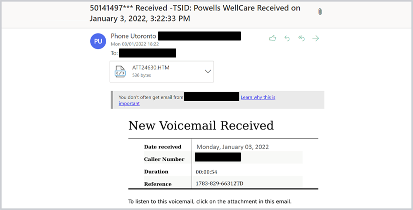 Phishing email about voicemail containing malicious attachment