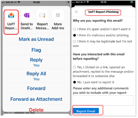 Second screenshot showing the location of the U of T report phishing button in the Outlook mobile app